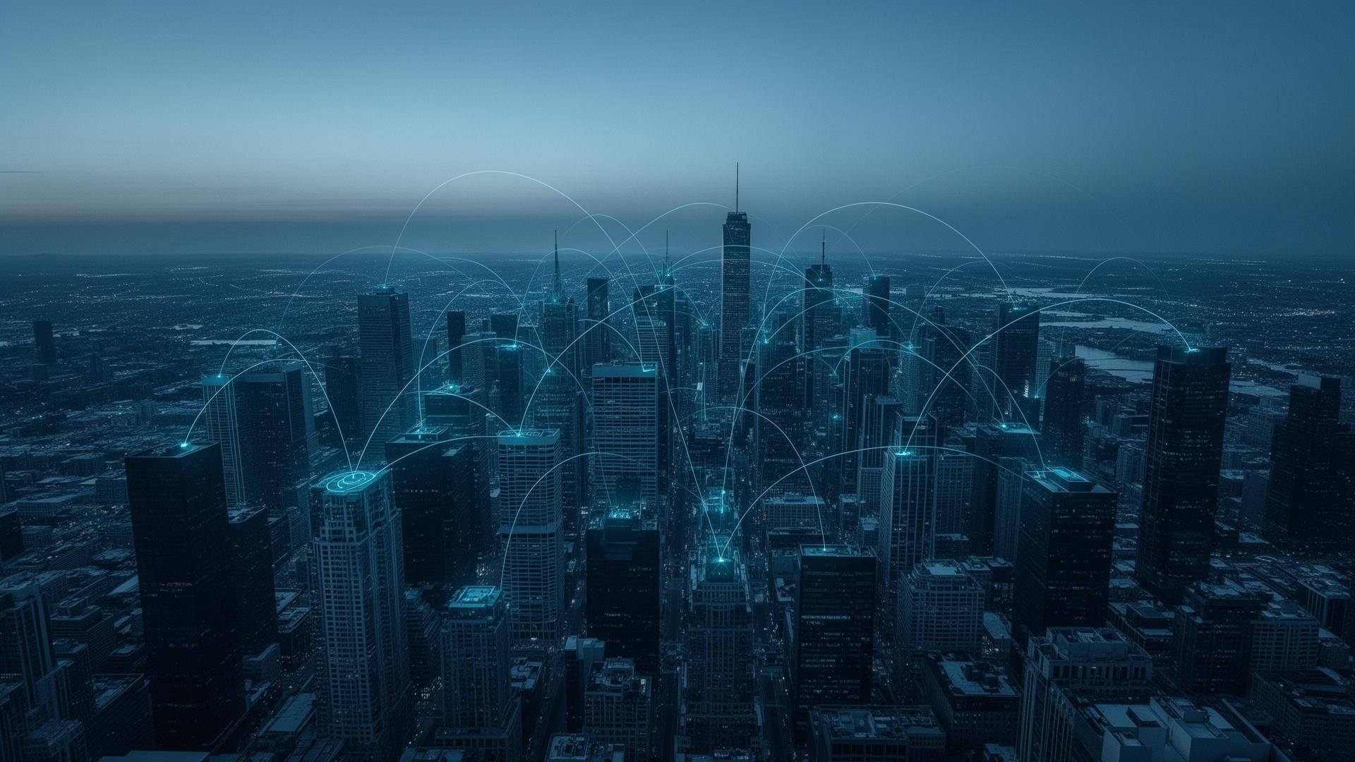 Connected city skyline at dusk symbolizing networked industries