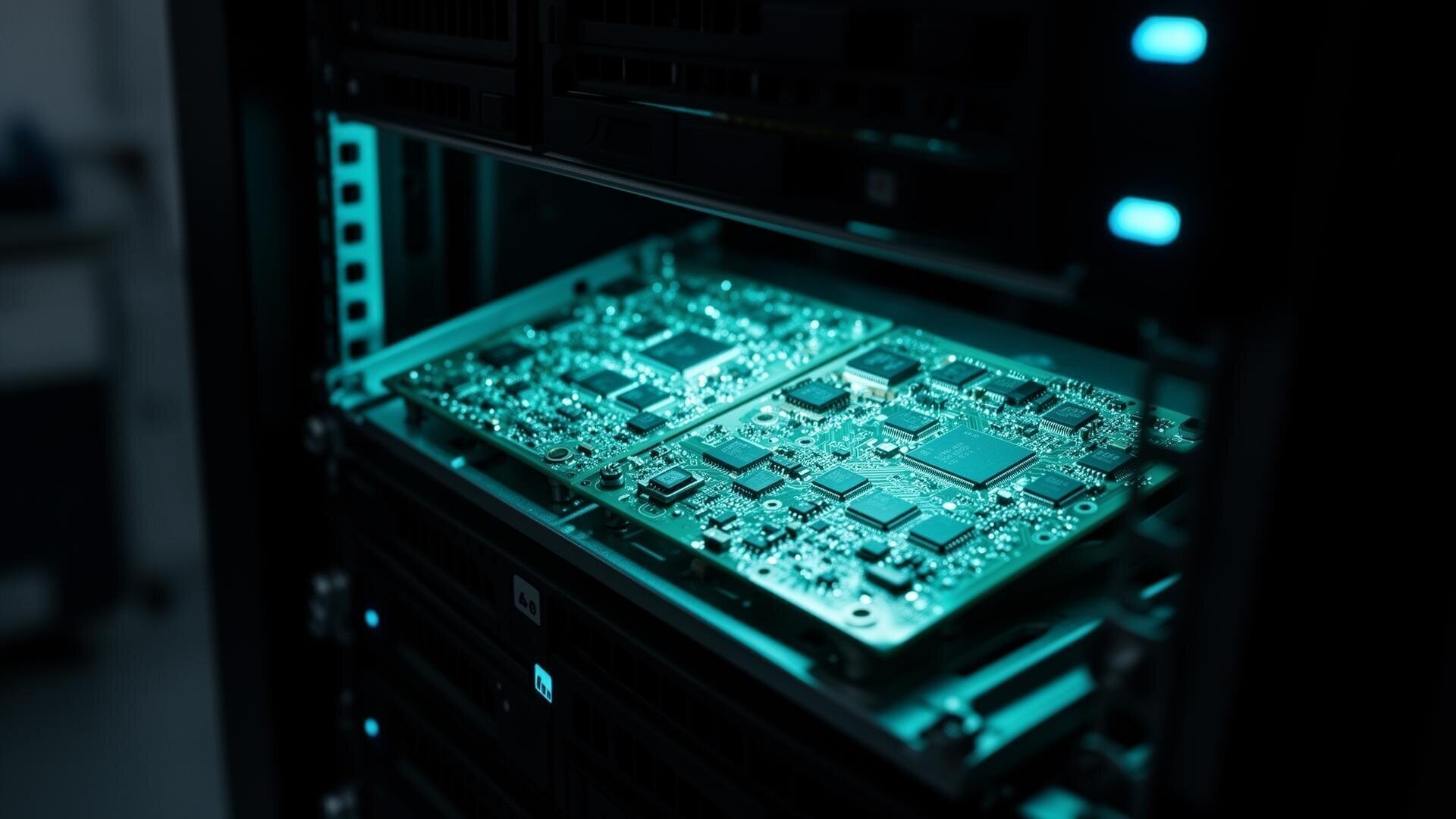 Glowing circuit boards inside a research server rack